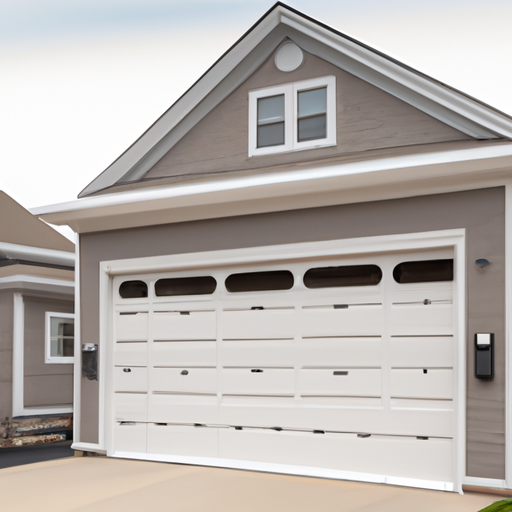 Suburban Burlington home with a modern insulated garage door and visible smart opener hardware, driveway and trim, no people.