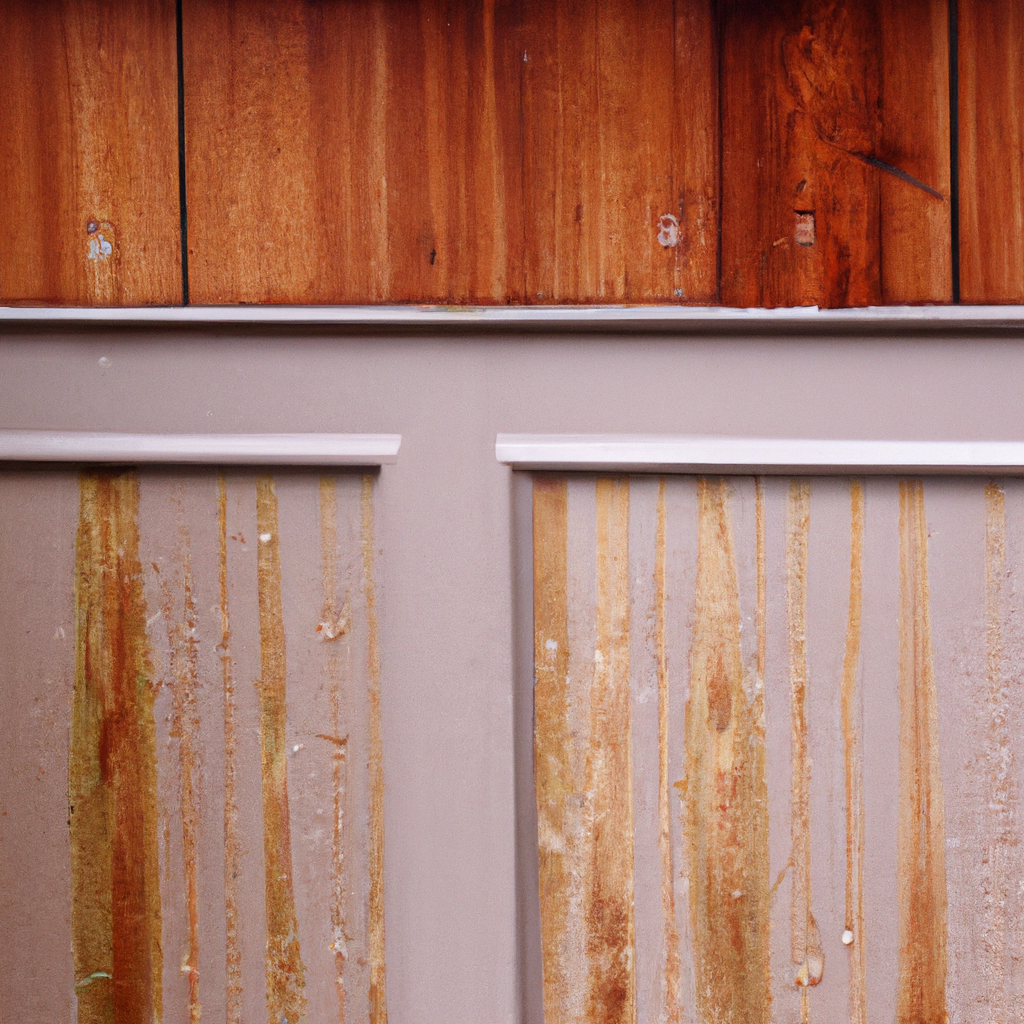 Wooden garage door with visible wood grain and water droplets in a moist suburban driveway