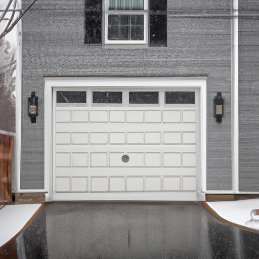 Suburban Colonial home in Burlington, MA with a closed modern steel garage door and light snow on driveway.