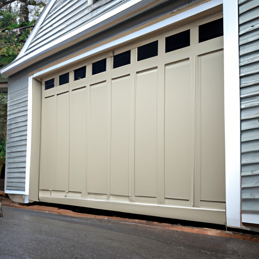 Insulated garage door on a Burlington, MA suburban home at morning light; door and seals visible, no people.