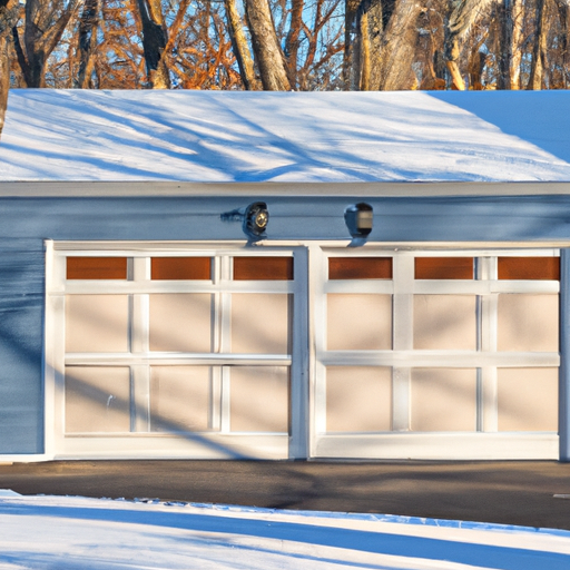 Residential garage door on a Burlington, MA home with light snow and bare trees, showing panels and hardware.