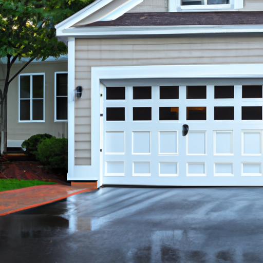 Suburban Burlington home exterior showing a closed residential garage door with visible weatherseal and driveway after rain.