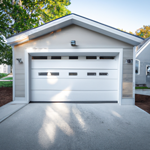 Suburban Burlington garage with modern closed door, smart keypad and camera visible, late afternoon light.