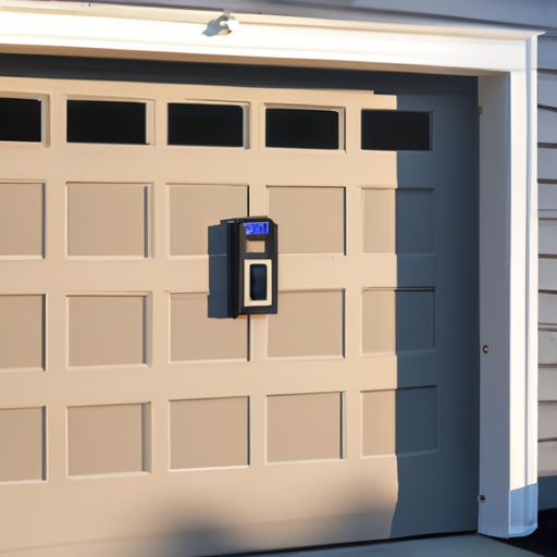 Modern insulated garage door with smart keypad and wall controller at a suburban Burlington, MA home in morning light.