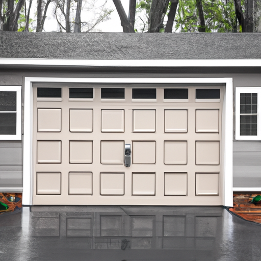 Suburban Burlington home with a modern paneled garage door and wet driveway after rain, no people.