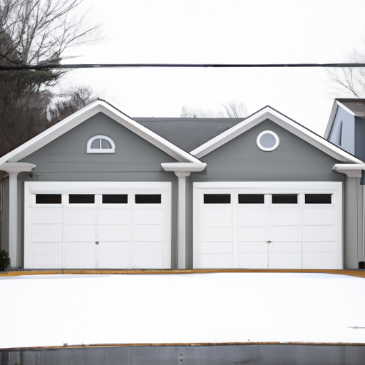 Modern insulated sectional garage door on a suburban Burlington, MA home with light snow, driveway, and overcast sky.