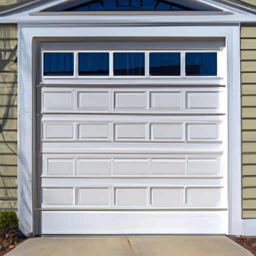 Modern insulated garage door on a Colonial-style Burlington, MA home with visible seals and threshold.