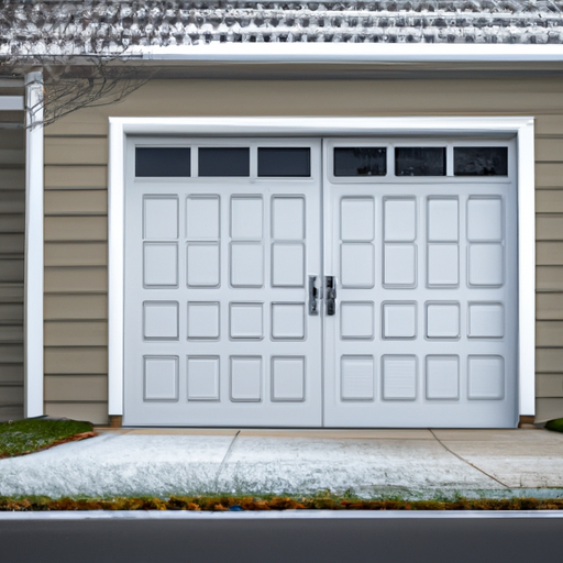 Insulated paneled garage door on a New England home with light snow on the lawn and clear daylight.