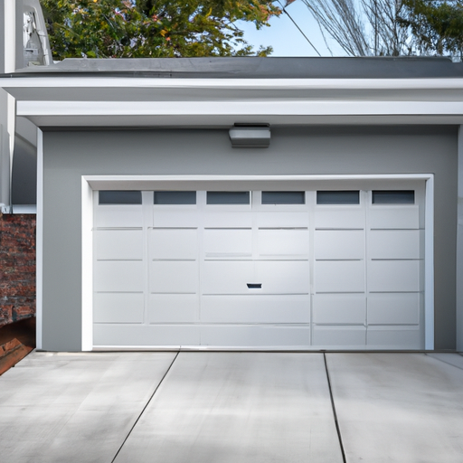 Suburban Burlington garage with insulated steel door and smart keypad, daylight, New England landscaping.