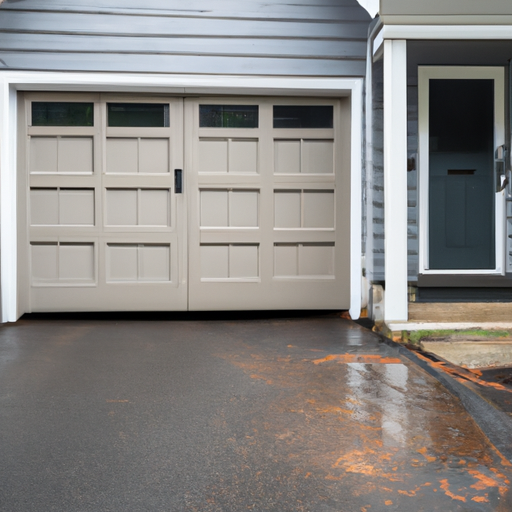 Suburban Burlington, MA two-car garage with a modern sectional door partially open on a wet driveway