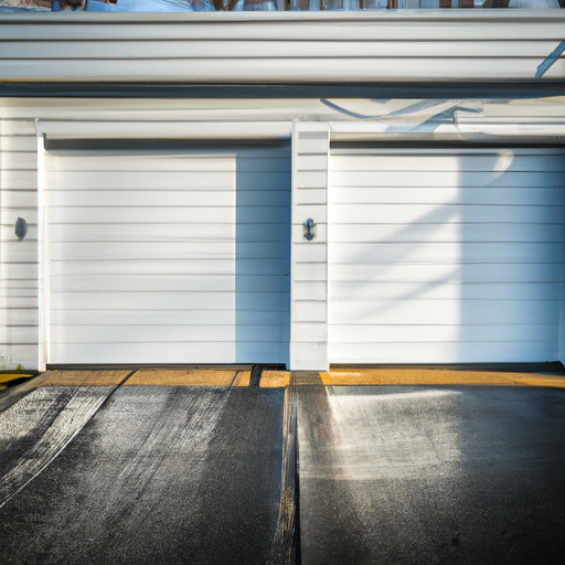 Suburban Burlington garage exterior showing a modern white garage door and visible hardware after rain.