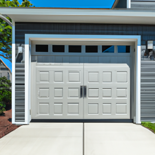 Modern insulated garage door on a suburban Burlington, MA home with driveway and New England landscaping.