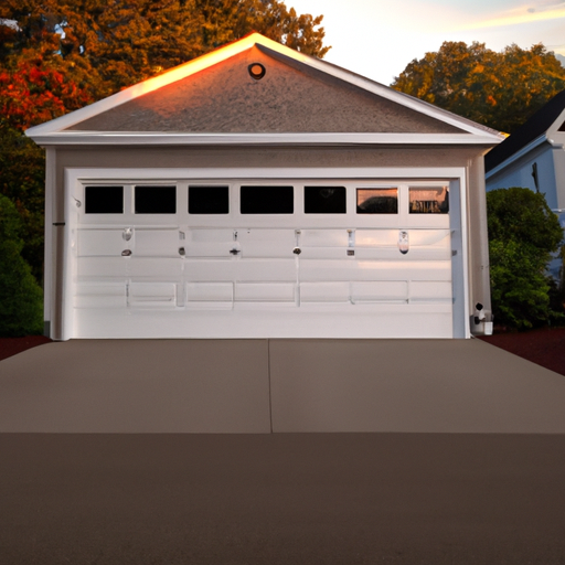 Suburban Burlington, MA home with a modern sectional garage door at golden hour, driveway and New England trees visible.