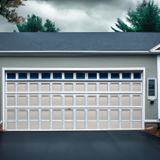 Suburban Burlington garage door showing bottom seal and weatherstripping on an overcast New England day.